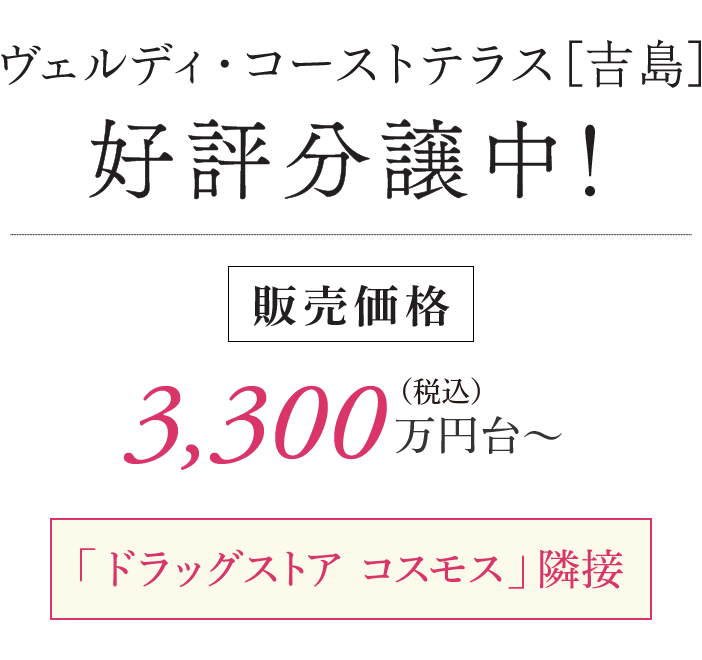 ヴェルディ・コートテラス[吉島] 好評分譲中！ 販売価格 3,300万円台〜 「ドラッグストア コスモス」隣接 