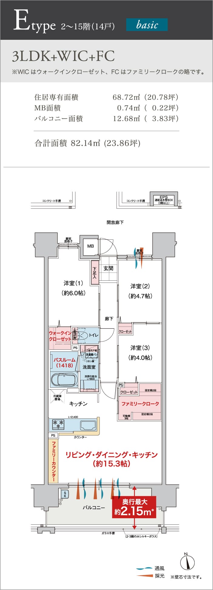 3LDK+WIC+FC 住居専有面積 68.72㎡ （20.78坪） MB面積 0.74㎡ （ 0.22坪） バルコニー面積 12.68㎡ （ 3.83坪） 合計面積 82.14㎡ (24.84坪)